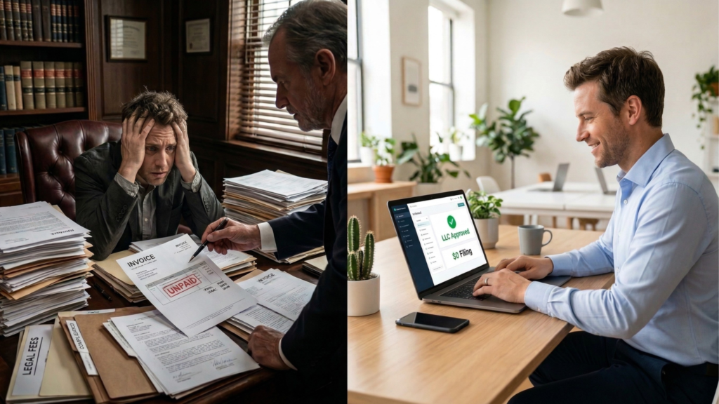 Overwhelmed man reviewing unpaid invoices with a man pointing at paperwork contrasted with a smiling manfiling an LLC online on a laptop