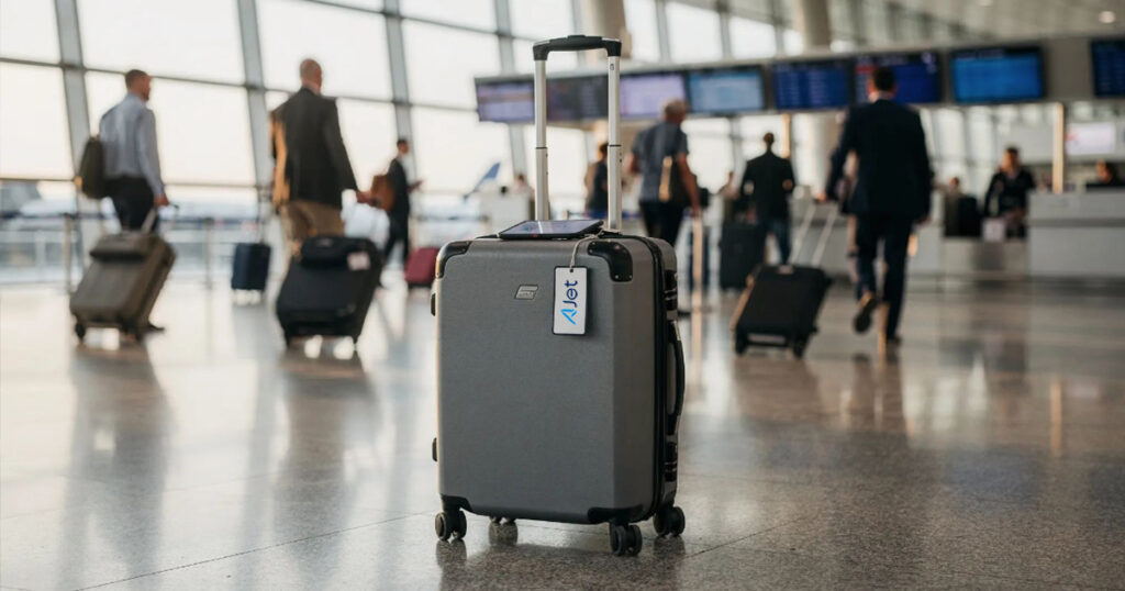 Rolling suitcase with a location tracking tag standing in an airport terminal as travelers walk by in the background.