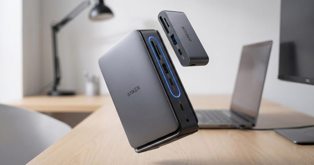 Two silver Anker docking stations floating above a light wood desk, the larger one with a glowing blue ring and multiple USB-C, USB-A, SD card, and headphone ports, with a laptop and monitor behind.