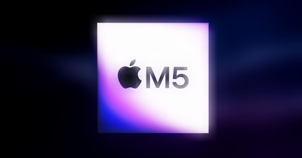 An Apple logo alongside the text “M5” displayed on a glowing chip-style graphic with a purple and blue background.