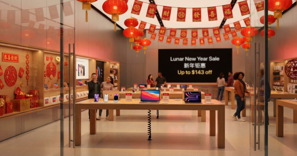 Apple Store decorated for Lunar New Year with red lanterns and banners, promoting a Lunar New Year sale with discounts up to $143.