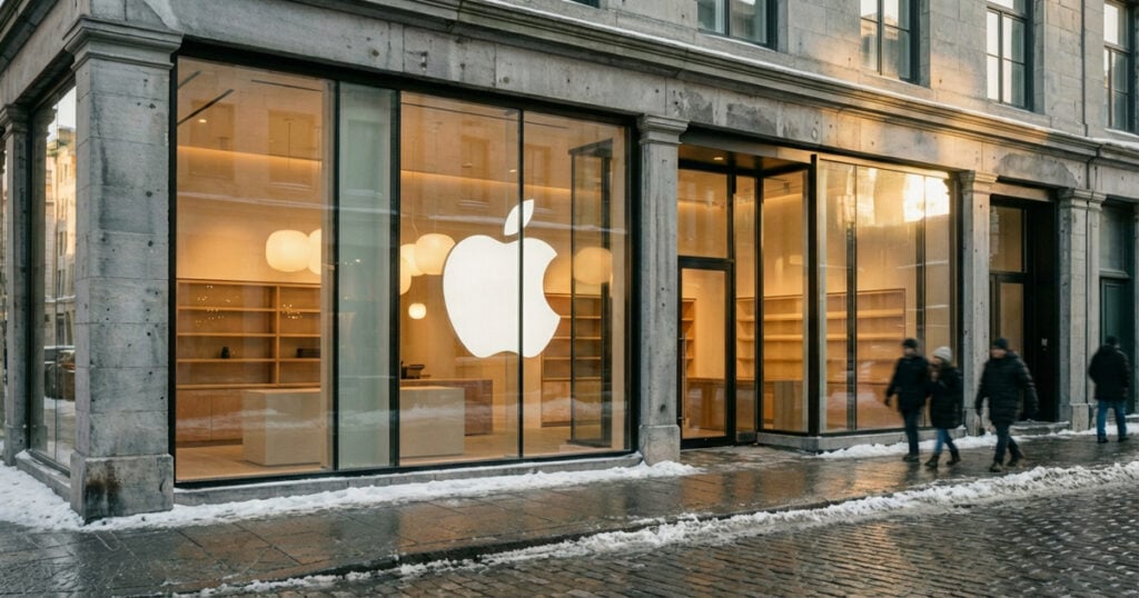 Apple Store storefront with large glass windows and illuminated Apple logo on Sainte-Catherine Street in downtown Montréal during winter.