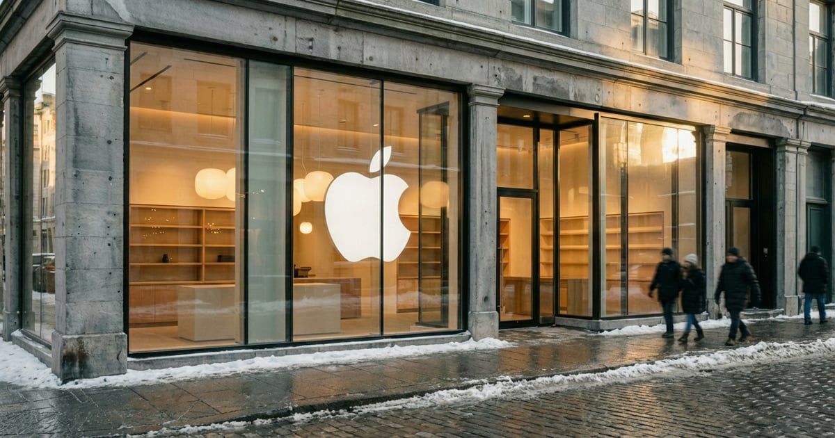 Apple Store storefront with large glass windows and illuminated Apple logo on Sainte-Catherine Street in downtown Montréal during winter.