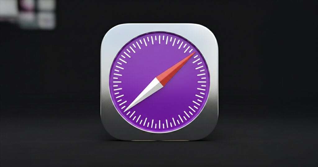 Safari browser app icon with a purple compass face and silver frame displayed on a dark background.
