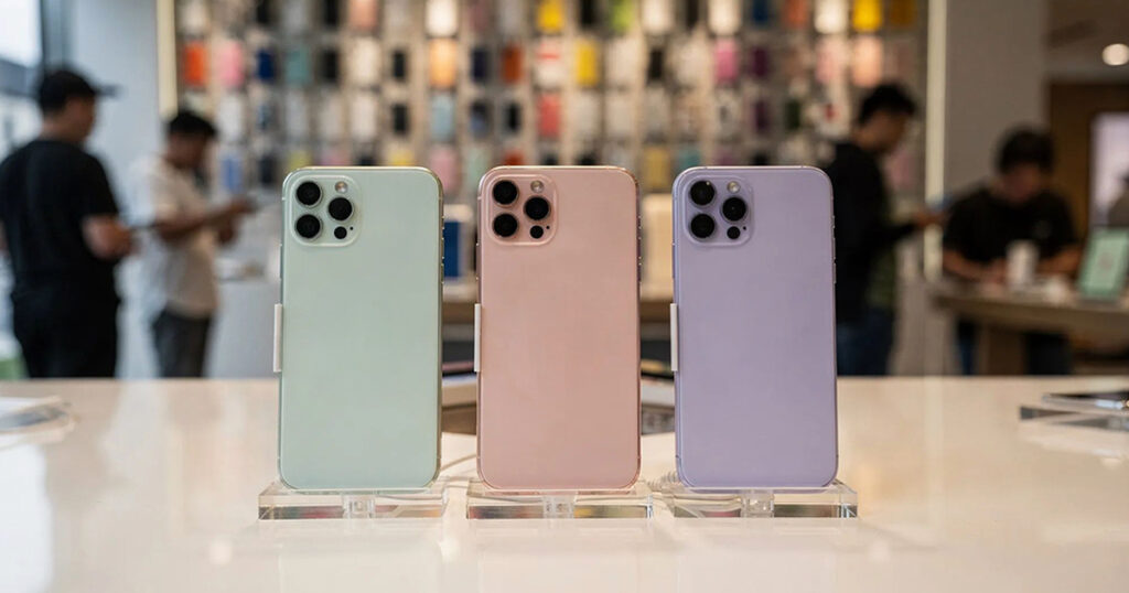 Three iPhones in different pastel colors displayed on stands inside an Apple Store.