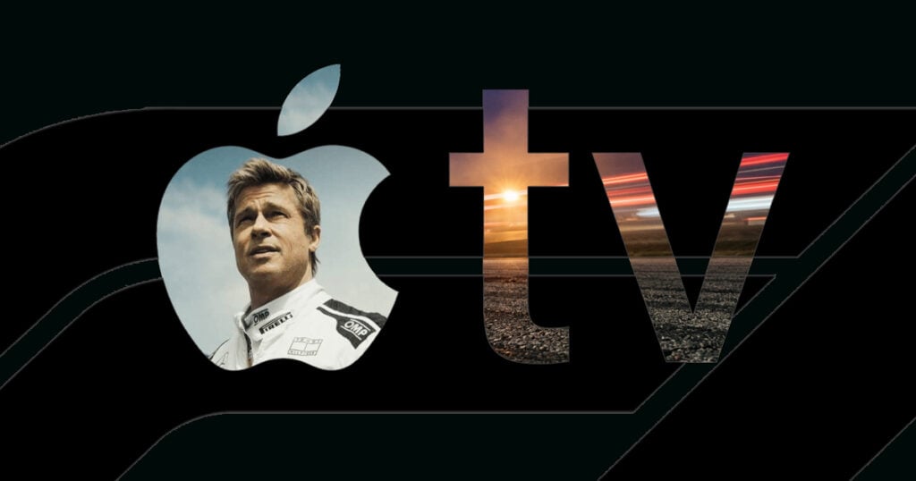 Apple TV logo featuring a professional race car driver inside the Apple icon with stylized TV lettering against a dark cinematic background