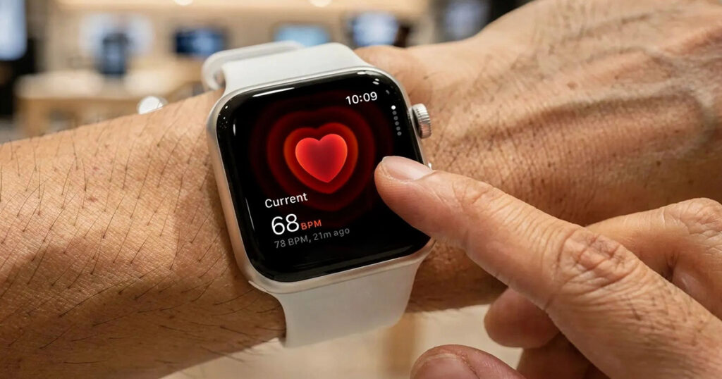 Person wearing an Apple Watch displaying a high heart rate reading and health alert on the screen.