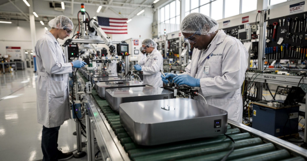 Factory workers in white lab coats and hairnets assemble Apple Mac mini computers on a conveyor belt in a United States manufacturing facility.