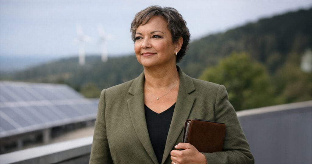 Senior business executive standing outdoors near solar panels and wind turbines, holding a portfolio and looking confidently into the distance.