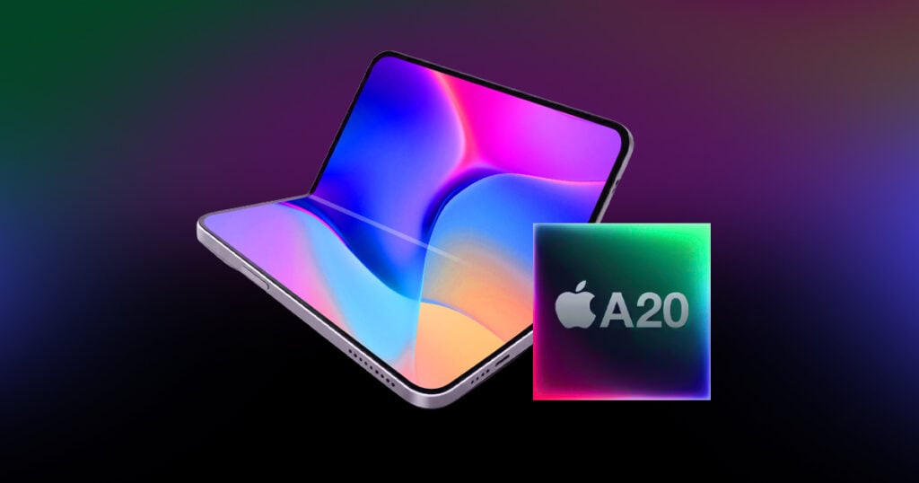 Foldable smartphone concept with a flexible display shown partially open, alongside a stylized Apple A20 chip graphic on a colorful gradient background.