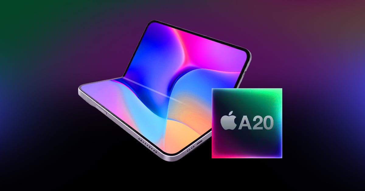 Foldable smartphone concept with a flexible display shown partially open, alongside a stylized Apple A20 chip graphic on a colorful gradient background.