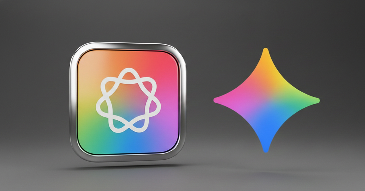 Abstract Apple-style app icon with a multicolor gradient and geometric symbol, shown next to a star-shaped gradient graphic on a dark background.