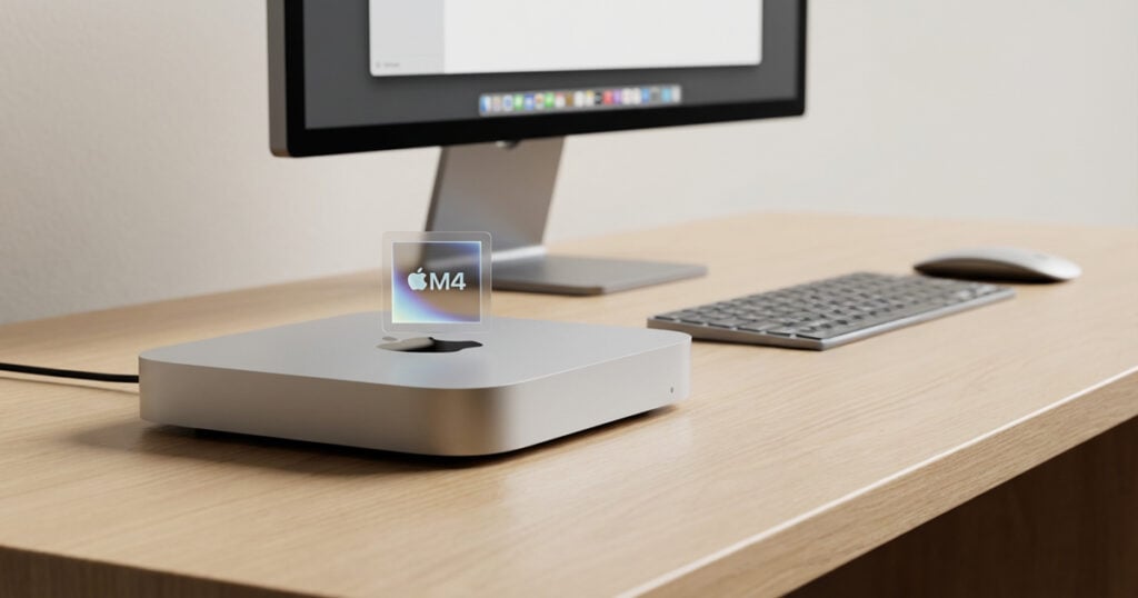 Apple M4 Mac mini on a wooden desk connected to a monitor, keyboard, and mouse, highlighting a new sale price.