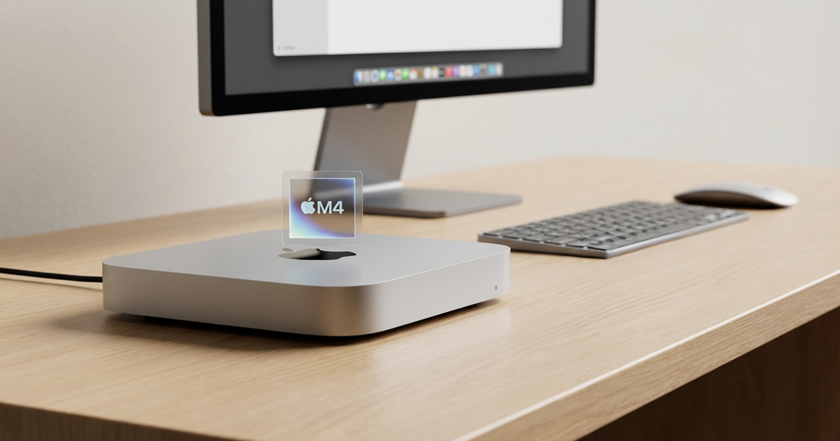 Apple M4 Mac mini on a wooden desk connected to a monitor, keyboard, and mouse, highlighting a new sale price.