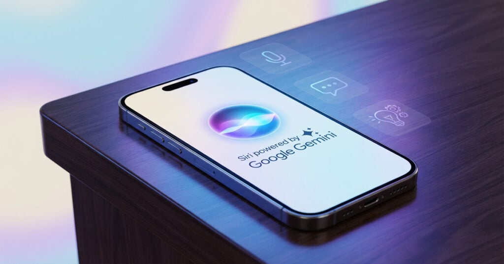 iPhone displaying Siri interface with “Powered by Google Gemini” text on screen, resting on a wooden table with soft colorful lighting effects.