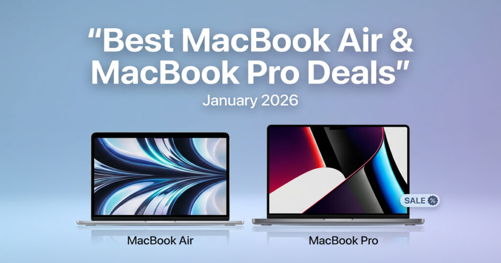 A promotional banner featuring a silver MacBook Air and a Space Gray MacBook Pro side-by-side on a light blue and purple gradient background. The text reads "Best MacBook Air & MacBook Pro Deals" for January 2026, with a small "Sale" badge on the Pro model.