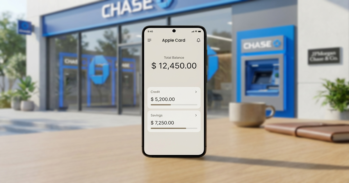 Smartphone displaying Apple Card balance in front of a Chase bank branch, illustrating Apple Card moving to Chase as issuing bank.
