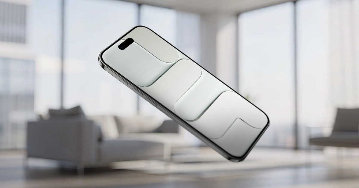 A slim iPhone floating in the air with a close-up view of its back panel design in a modern room setting.