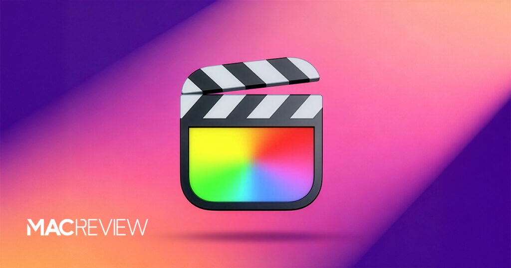 Final Cut Pro clapperboard icon with a rainbow color panel on a pink and purple gradient background