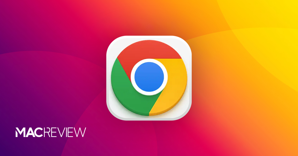 Google Chrome app icon centered on a colorful gradient background with MacReview branding.