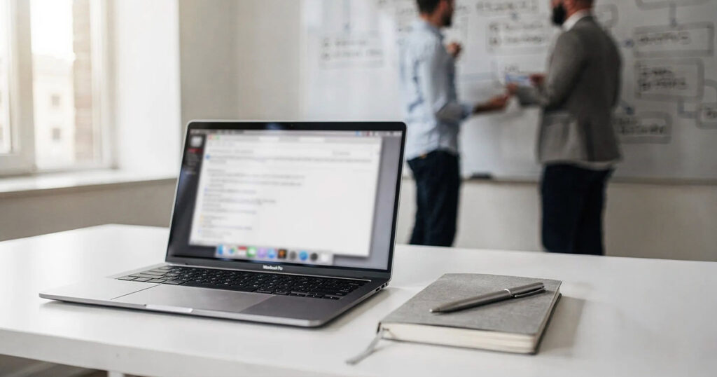 “Laptop on a desk with notebook and pen while two professionals discuss workflow on a whiteboard in the background.