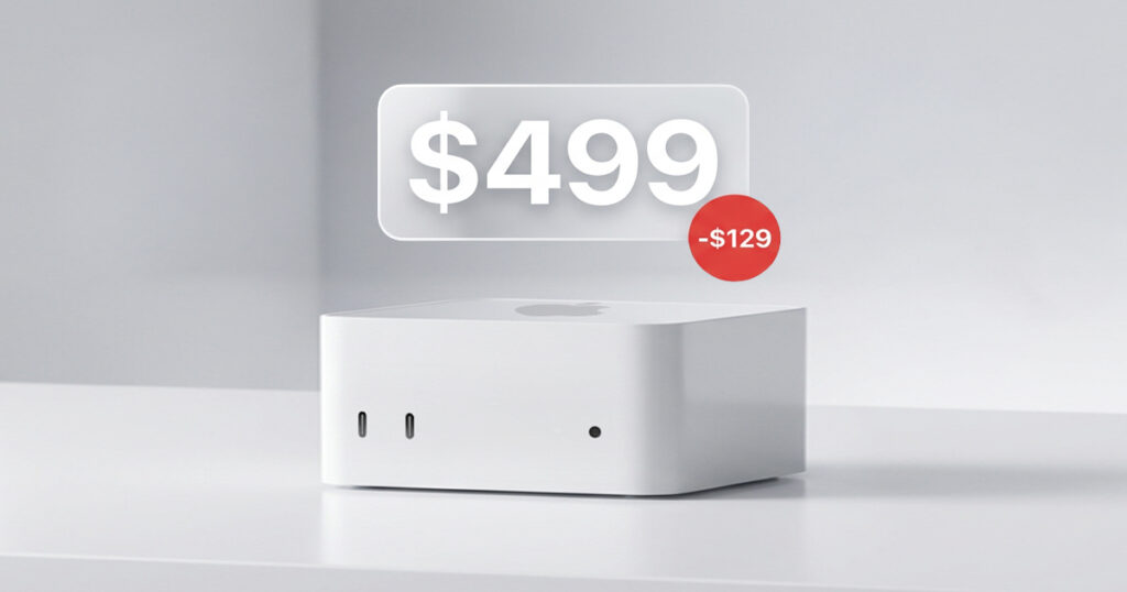 Apple M4 Mac Mini on a white surface with a $499 price tag and a red badge showing $129 off