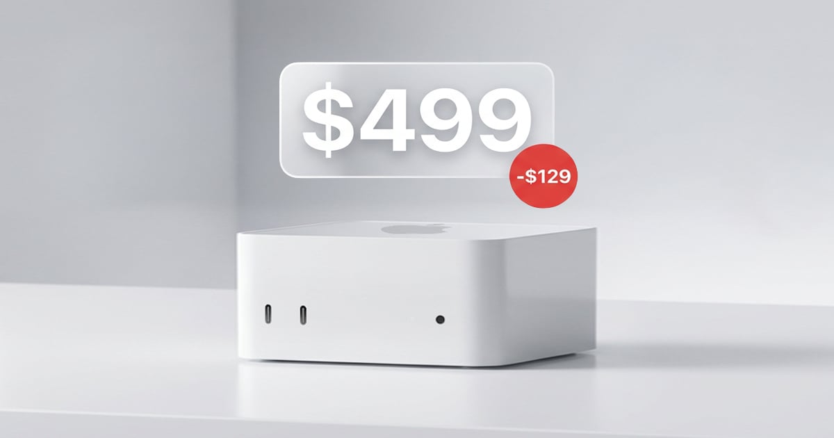 Apple M4 Mac Mini on a white surface with a $499 price tag and a red badge showing $129 off