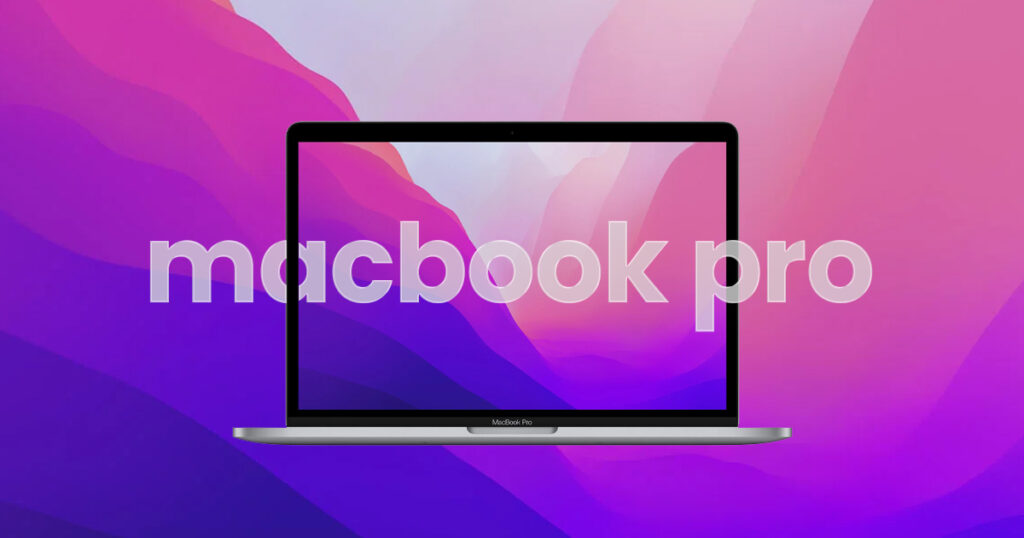 A MacBook Pro laptop shown against a colorful gradient background with the words “macbook pro” displayed behind it.