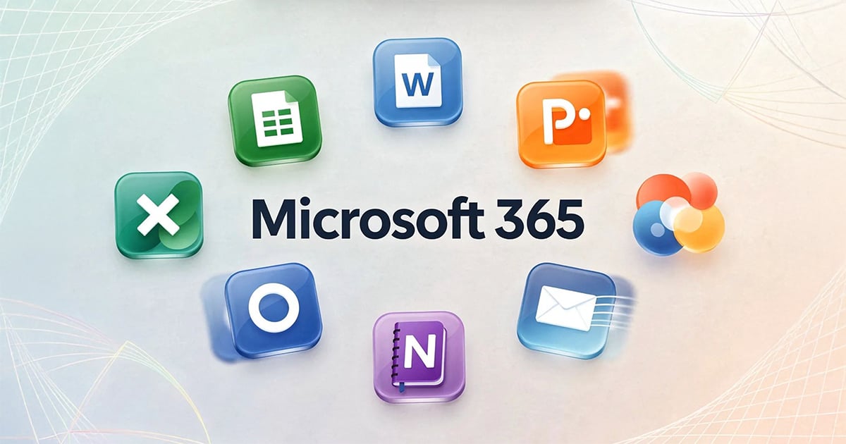 Microsoft 365 wordmark surrounded by glossy app icons for Word, Excel, PowerPoint, Outlook, OneNote, Exchange, and Microsoft 365 on a soft light background.