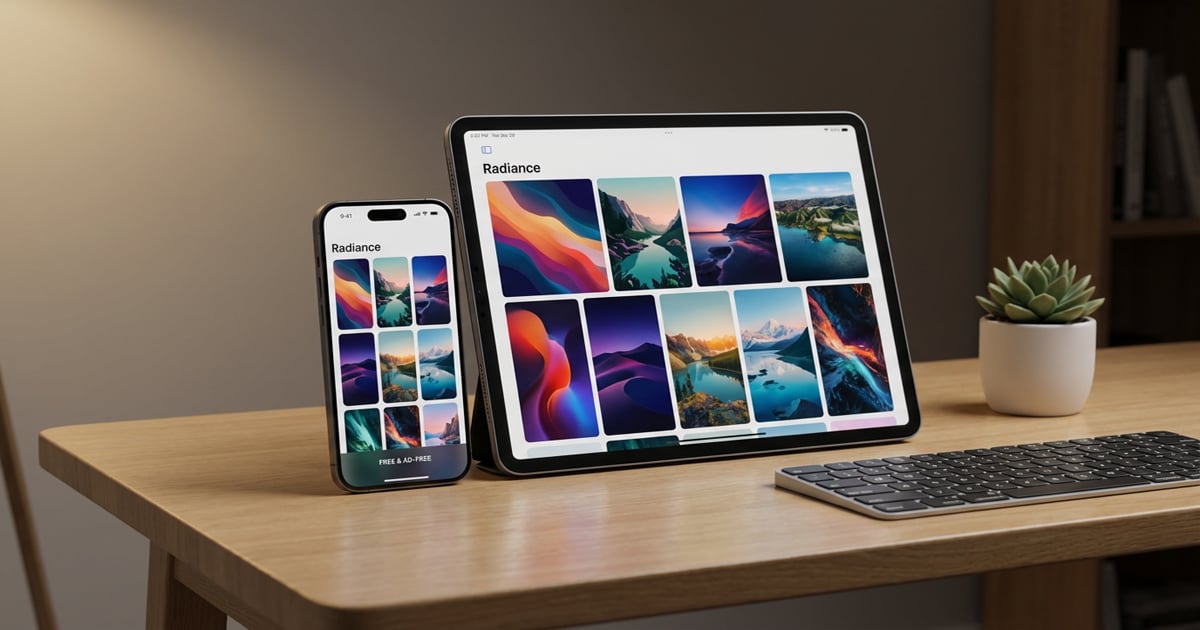 iPhone and iPad displaying the Radiance wallpaper app with colorful landscape wallpapers on a wooden desk next to a keyboard and small plant