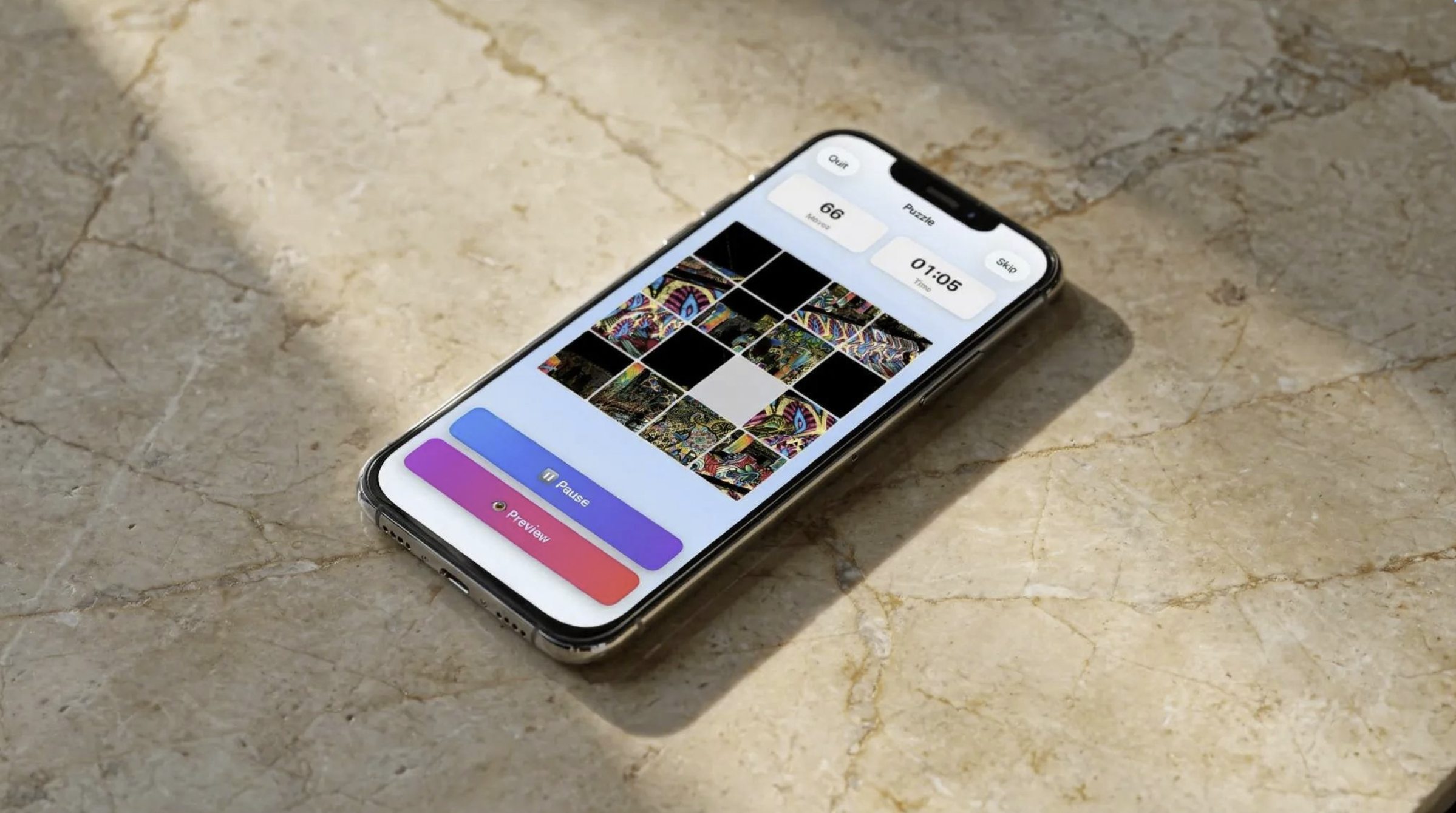 iPhone lying on a marble surface displaying a colorful puzzle game interface with timer and preview controls.