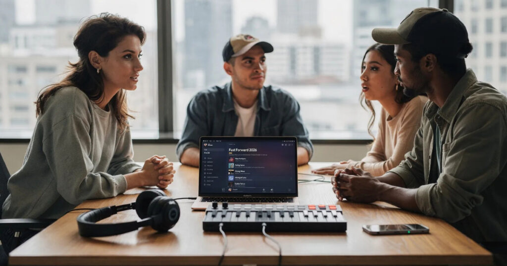 Four young professionals sit around a conference table discussing music trends, with a laptop displaying the “Fast Forward 2026” playlist and audio equipment in the foreground.