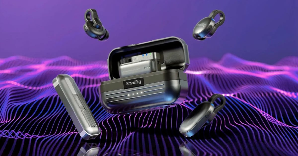 SmallRig S70 wireless microphone kit with charging case and clip-on transmitters floating against a purple wave background