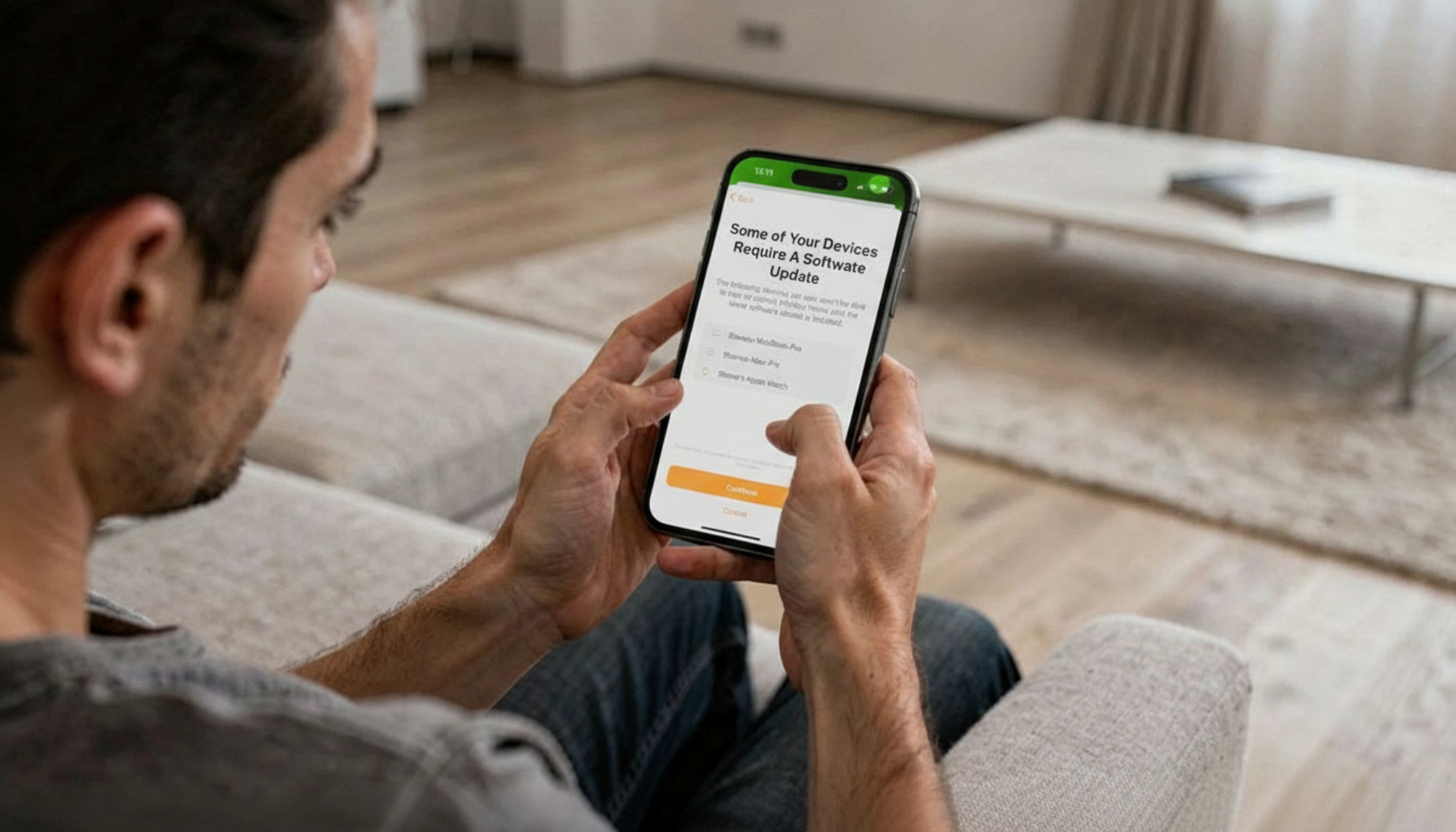 Man sitting on a couch holding a smartphone displaying a software update notification.