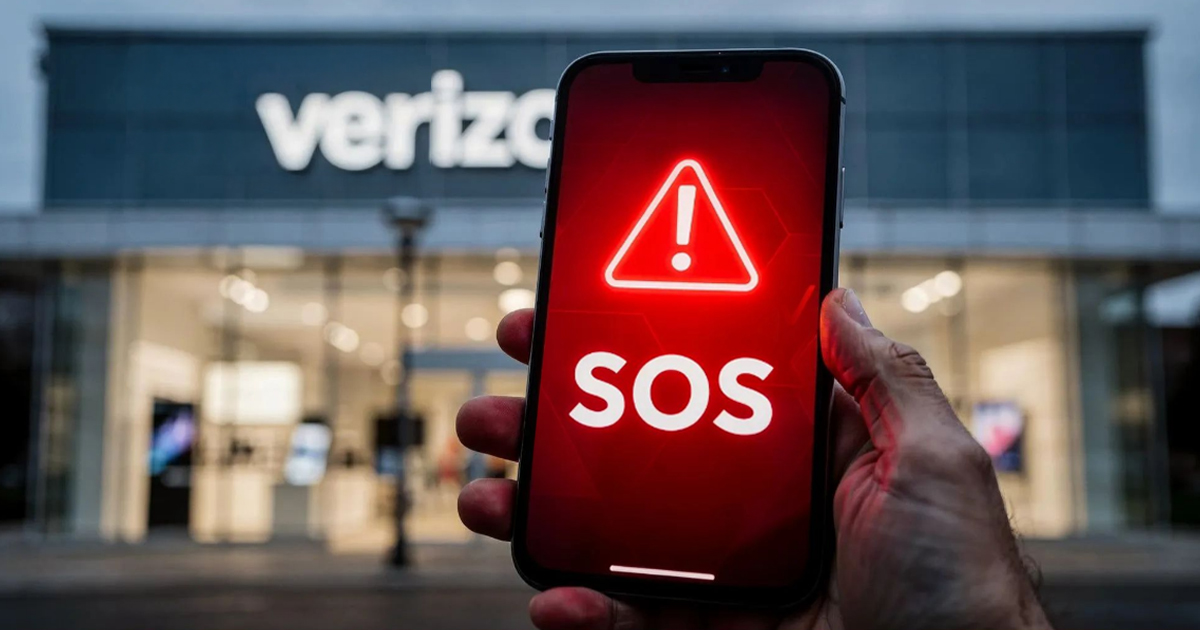 Hand holding an iPhone displaying a red SOS emergency alert in front of a Verizon store during a network outage