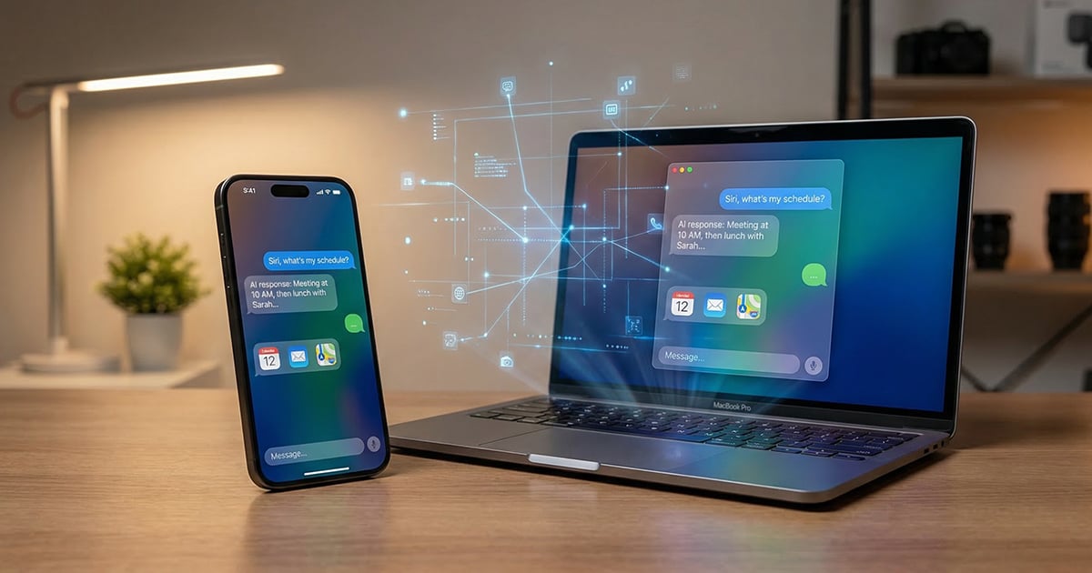 An iPhone and MacBook Pro sitting side-by-side on a desk, both displaying a new Siri chatbot interface. The screens show a text-based conversation asking about a schedule, with AI-generated responses and app icons. A glowing holographic network of data lines connects the two devices, symbolizing advanced AI integration.