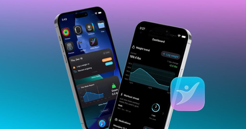 Two iPhones displaying a health tracking app interface with weight trends, dashboards, and progress charts on a gradient background