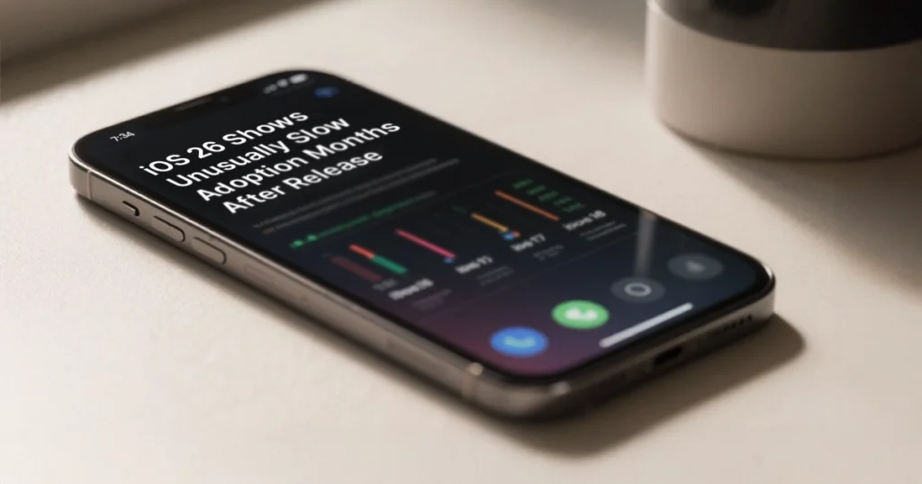 Smartphone displaying a chart titled “iOS 26 Shows Unusually Slow Adoption Months After Release,” highlighting lower adoption rates compared to previous iOS versions.