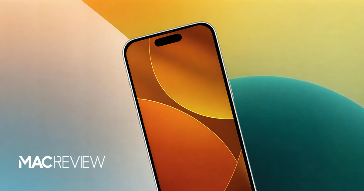 Close up of a modern smartphone with an abstract orange and yellow wallpaper on the screen.