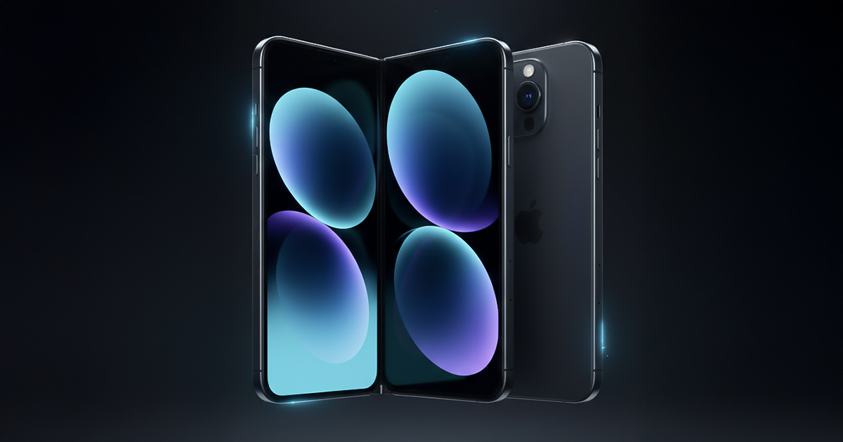 Concept image of a foldable iPhone with a dual display design shown partially open against a dark background