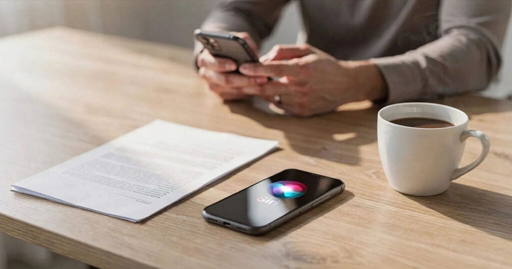 iPhone displaying the Siri logo on a table next to paperwork and a coffee mug while a person uses a smartphone in the background.