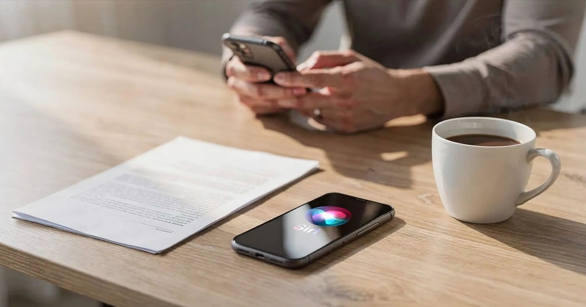 iPhone displaying the Siri logo on a table next to paperwork and a coffee mug while a person uses a smartphone in the background.