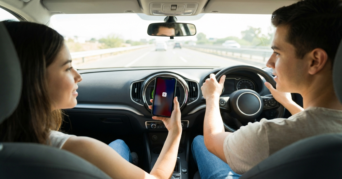 Woman in passenger seat showing smartphone with Apple CarPlay interface to driver while traveling on a highway
