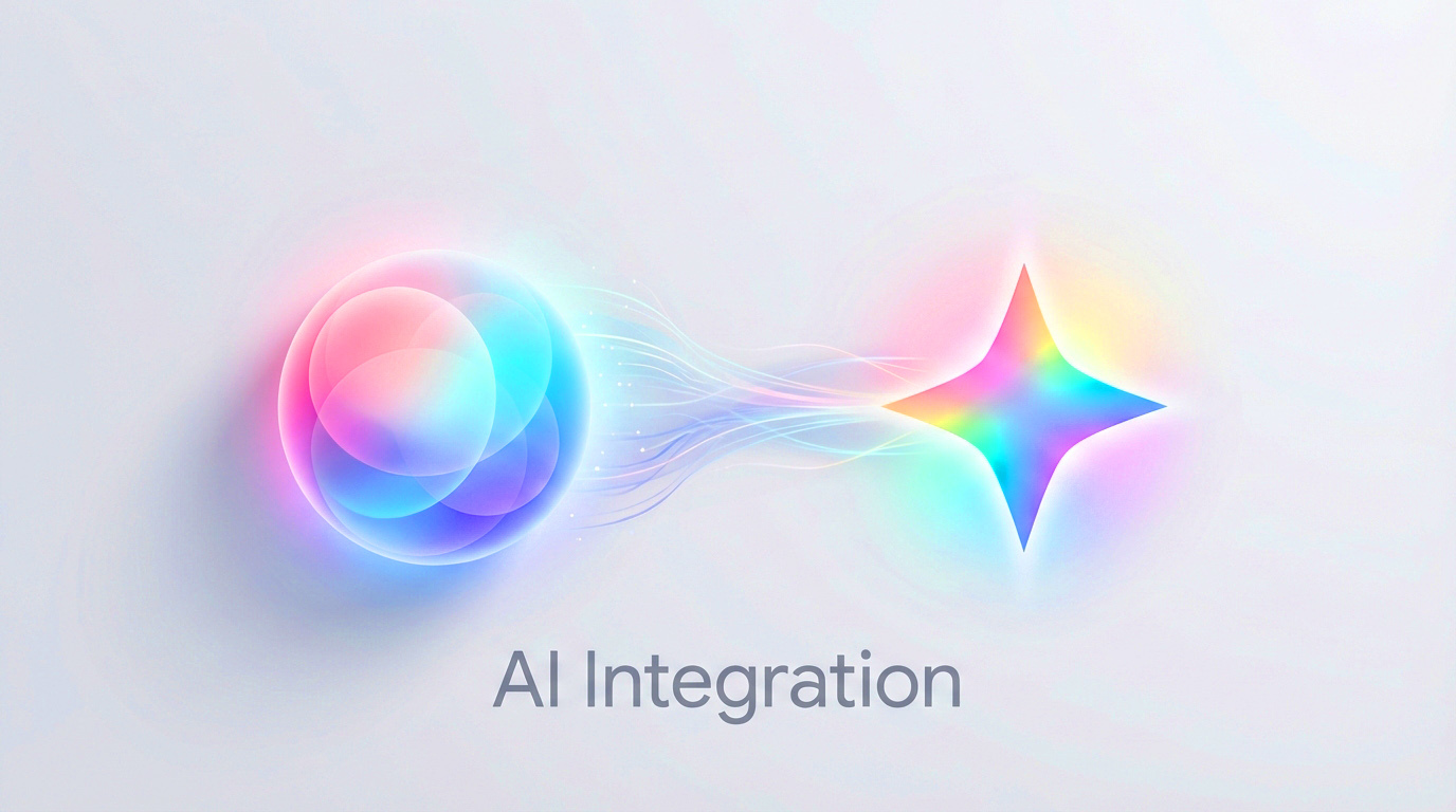 Abstract illustration showing a glowing multicolored orb connected by flowing light strands to a radiant star shape, symbolizing AI integration on a soft gray background.
