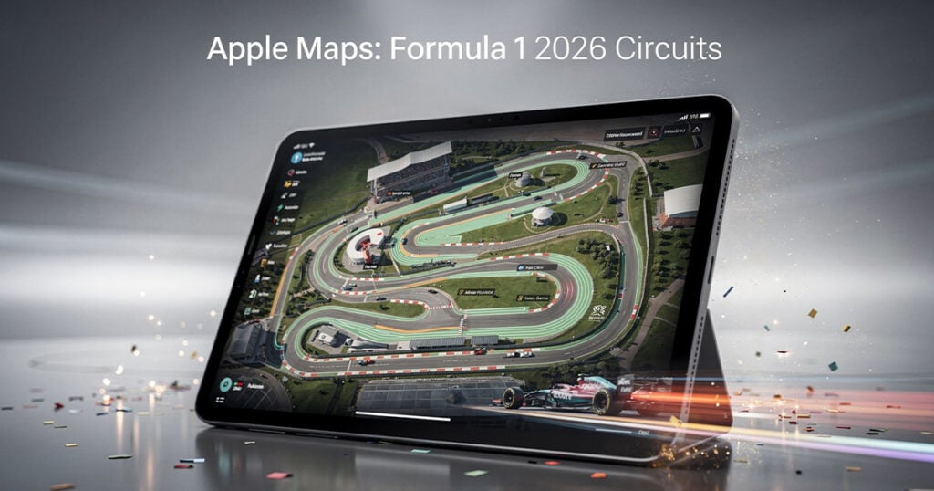 Tablet displaying Apple Maps with detailed Formula 1 race circuit layout for the 2026 season