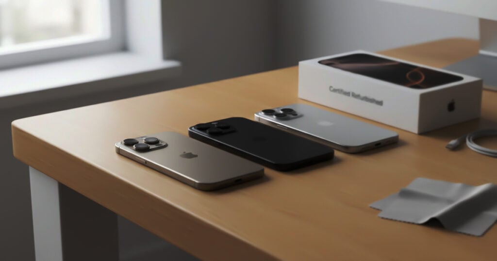 Three refurbished iPhone Pro models placed face down on a wooden desk beside Apple packaging and accessories.