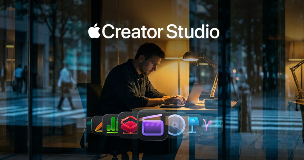 Man working on a laptop in a modern office at night with “Creator Studio” text and Apple logo above, plus floating creative app icons in the foreground.