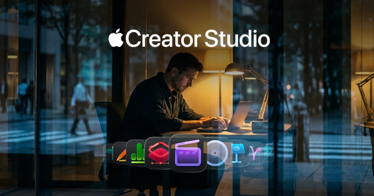 Man working on a laptop in a modern office at night with “Creator Studio” text and Apple logo above, plus floating creative app icons in the foreground.