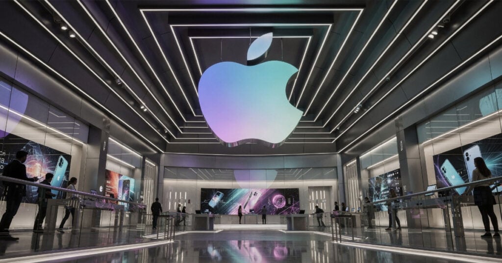 Interior of Apple Store with large illuminated Apple logo and product displays