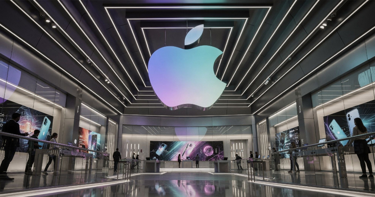 Interior of Apple Store with large illuminated Apple logo and product displays